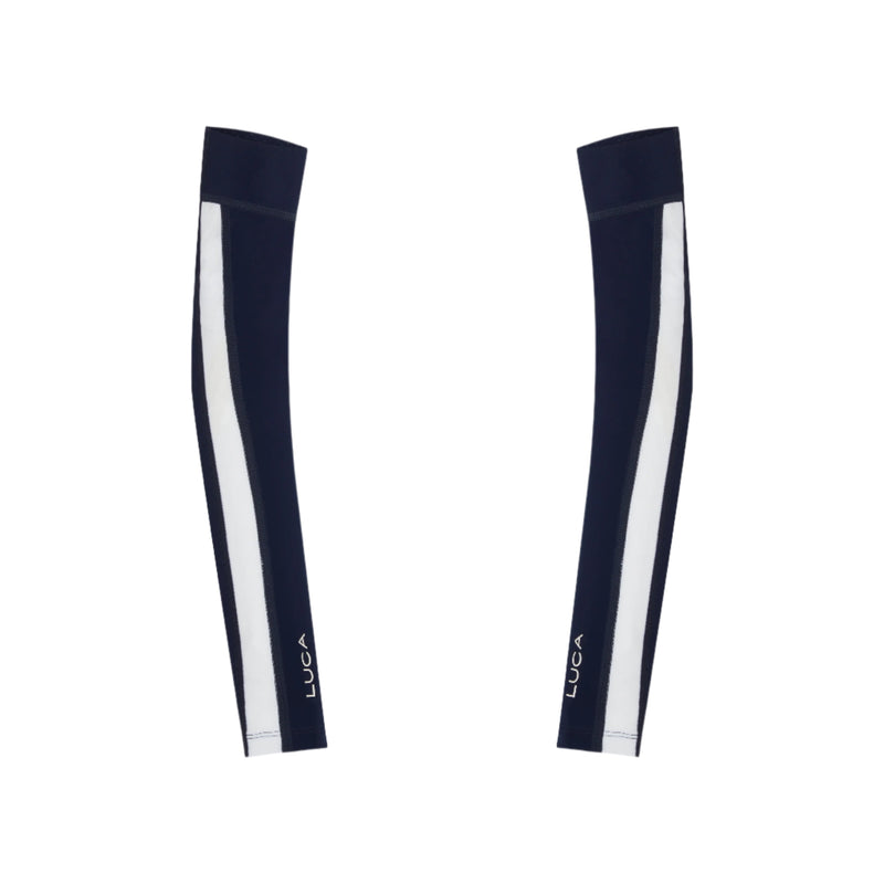 A-pair-of-navy-blue-athletic-arm- warmers-displayed-flat-on-a-white- background-They-have-a-prominent- white-stripe-cycling-down-the-outer- side-and-the-small-white-LUCA-brand- logo-near-the-cuff-These-are-suitable- for-navy-blue-cycling-arm-sleeves- unisex-activewear-accessories-and-thermal-for-runners