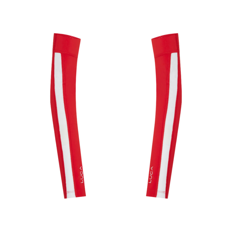 A-pair-of-bright-red-athletic-arm- warmers-shown-on-a-white- background-Each-sleeve-features-a- wide-white-stripe-down-the-side- and-the-small-white-LUCA-logo-near-the-cuff-Focus-on-red-cycling- arm-sleeves-unisex-running-gear- and-thermal-accessories