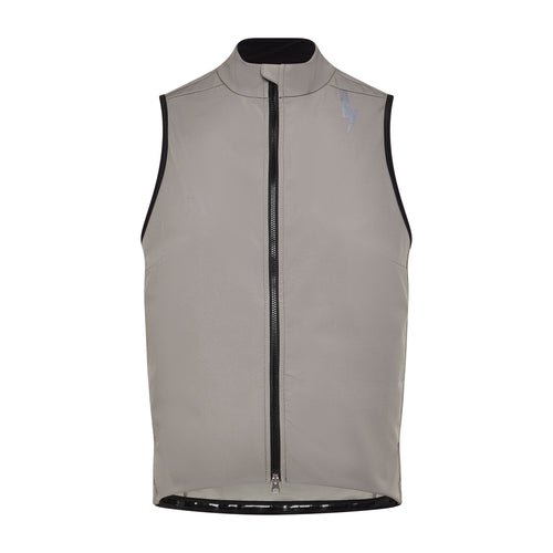 Studio-shot-of-the-taupe-grey-Luca-cycling-gilet-on-a-while-background--it-features-a-high-collar-full-black-zipper-the-subtle-grey-LUCA-logo-on-the-chest-and-a-prominnt-reflctive-lighting-bolt-graphic-on-the-shouler-The-hem-has-a-reflective-band-visible-along-the-bttom-edge