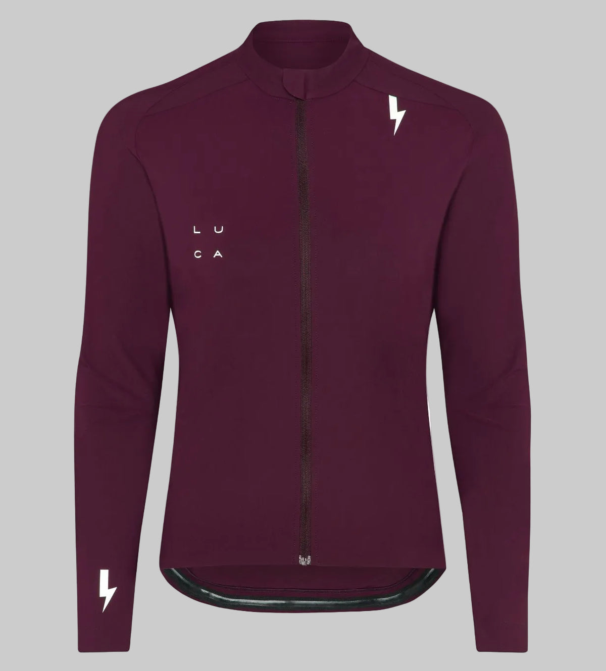 Front-view-of-a-burgundy-long-sleeve-full-zip-cycling-jersey-with- the-LUCA-logo-and-a-white-lightning-bolt-on-the-chest