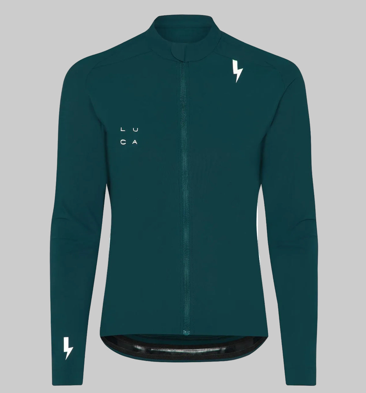 Front-view-of-a-teal-long-sleeve- full-zip-cycling-jersey-with-the-LUCA-logo-on-the-chest-and-a- white-lightning-bolt-graphic-on-the- shoulder