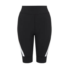 Product-shot-of-black-high-waisted biker-shorts-displayed-against-a- white-background-The-shorts- feature-a-distinctive-white-diagonal- stripe-accent-on-the-lower-sides-of- both-legs-Focus-on-women's-black- biker-shorts-high-waist-cycling- shorts-athletic-workout-gear-and- cycling-shorts