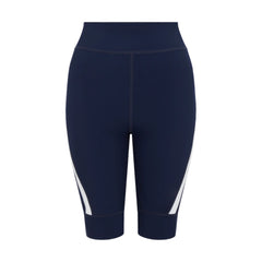 Product-photo-of-navy-blue-high-waisted-biker-shorts-displayed-against-a-white-background-The-shorts-feature-a-clean-design-with-a- wide-white-diagonal-stripe-accent-on-the-outer-lower-leg-Focus-on-navy-blue-women's-biker-shorts-high-waist-athletic-shorts-cycling-gear-and-dark-blue-cycling-apparel