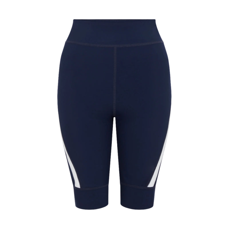 Product-photo-of-navy-blue-high-waisted-biker-shorts-displayed-against-a-white-background-The-shorts-feature-a-clean-design-with-a- wide-white-diagonal-stripe-accent-on-the-outer-lower-leg-Focus-on-navy-blue-women's-biker-shorts-high-waist-athletic-shorts-cycling-gear-and-dark-blue-cycling-apparel