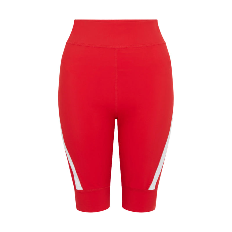 Product-photo-of-bright-red-high-waisted-biker-shorts-displayed- against-a-white-background-The-shorts-feature-a-modern-design-with-a-wide-white-diagonal-stripe-accent- on-the-outer-lower-leg-Focus-on-red- women's-biker-shorts-high-waist- cycling-shorts- athletic-workout-gear-and-running- shorts