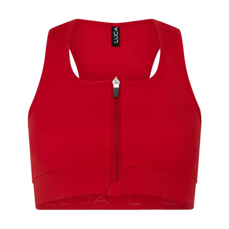 A-studio-shot-of-a-woman-modeling -an-athletic-two-piece-outfit-against-a-plain-white-background- She-is-wearing-a-bright-red-high-support-sports-bra-top-with-wide- shoulder-straps-and-a-black-front- zipper-She-is-also-wearing-matching-red-high-waisted-cycling- shorts-that-feature-white-graphic- stripes-curving-up-from-the-hem-on-the-sides-of-the-legs