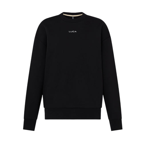 A-plain-black-long-sleeve-sweatshirt-with-a-crew-neck-and- ribbed-cuffs-The-white-LUCA-brand-logo-is-small-and-centered-on-the-upper-chest-Ideal-for-unisex- cycling-wear-warm-up-gear- comfortable-fleece-apparel