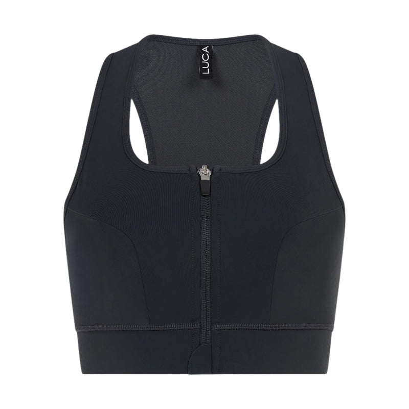 Woman-zipping-up-a-light-purple-jacket-over-a-black-sporty-one-piece-garment-with-a-front-zipper-and-lUCA-logo-on-the-chest
