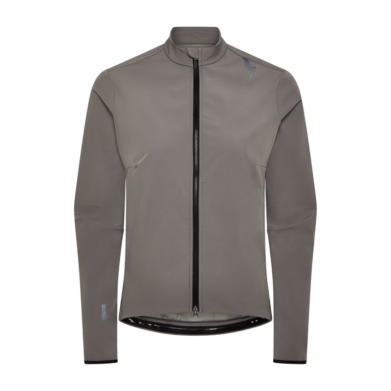 Women-wearing-the-taupe-grey-Luca-cycling-jacket-layered-over-a-white-top-with-the-zip-partially-down-The-image-focusses-on-her-face-and-thej-acket-coller-full-blck-zipper-and-the-lighting-bolt-logo-on-the-shoulder--she-is-wearing-large-black-sunglasses