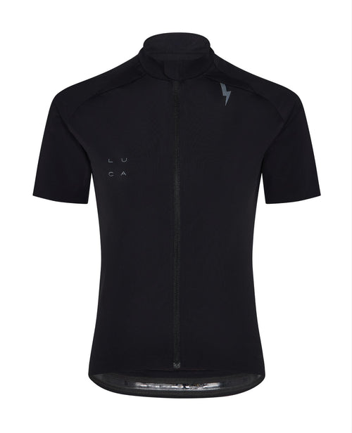 Front-view-of-the-Solstice-Black-LUCA-jersey-It-features-a-high-collar-a-full-black-central-zipper-the-LUCA-logo-on-the-left-chest-and-a-small-lightning-bolt-graphic-near-the-collar