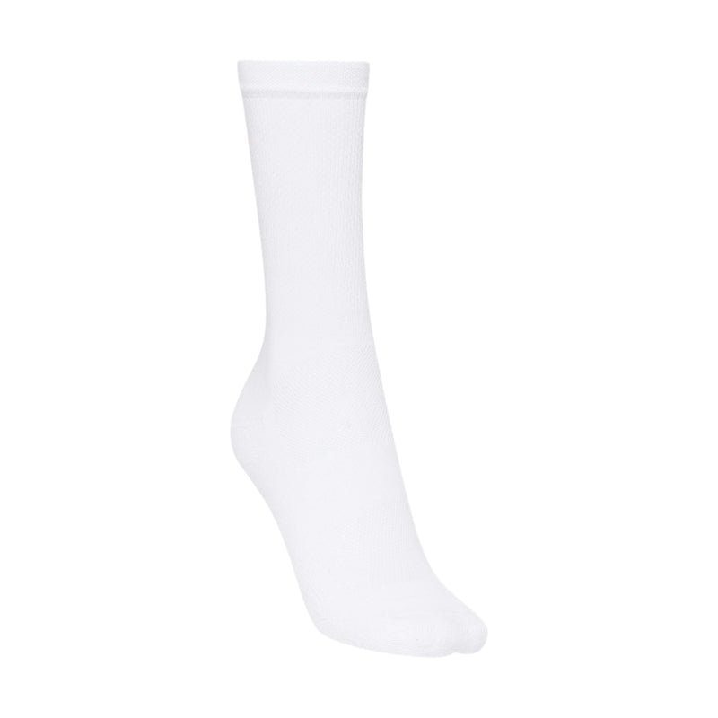 Close-up-detail-of-a-cyclist's-leg- and-foot-showing-them-wearing- black-clipless-road-cycling-shoes- (Fi'zi:k)-and-tall-white-performance- cycling-socks-while-pedaling-a-dark-blue-road-bike