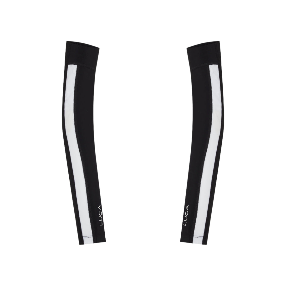 A-pair-of-black-cycling-arm-warmers- shown-flat-against-a-white- background-They-feature-a-single- thick-white-stripe-down-the-side-and- the-small-white-LUCA-logo-near-the- cuff-These-are-essential-unisex-cycling-accessories-black athletic-arm- sleeves-and-sun-protection-gear