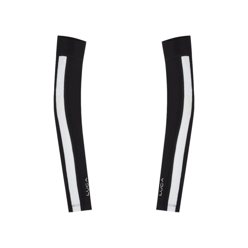 A-pair-of-black-cycling-arm-warmers- shown-flat-against-a-white- background-They-feature-a-single- thick-white-stripe-down-the-side-and- the-small-white-LUCA-logo-near-the- cuff-These-are-essential-unisex-cycling-accessories-black athletic-arm- sleeves-and-sun-protection-gear